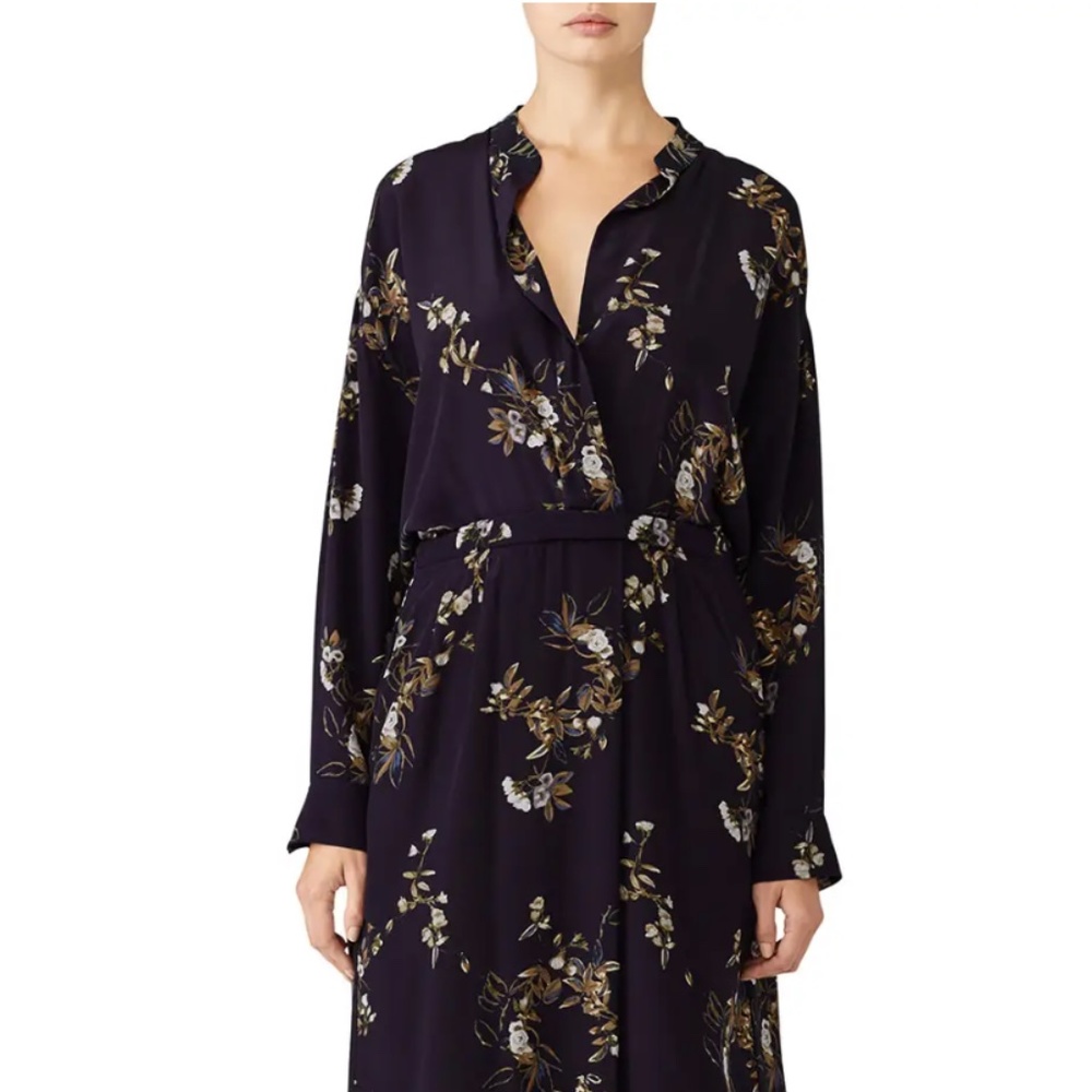 Vince Floral Print Silk Shirt Dress in Navy Sz XS Retail: $485